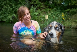 Frankie with Krissy in the water