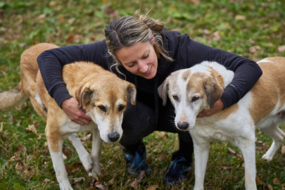 Two of our dogs with a care-giver at the Home For Life sanctuary.  